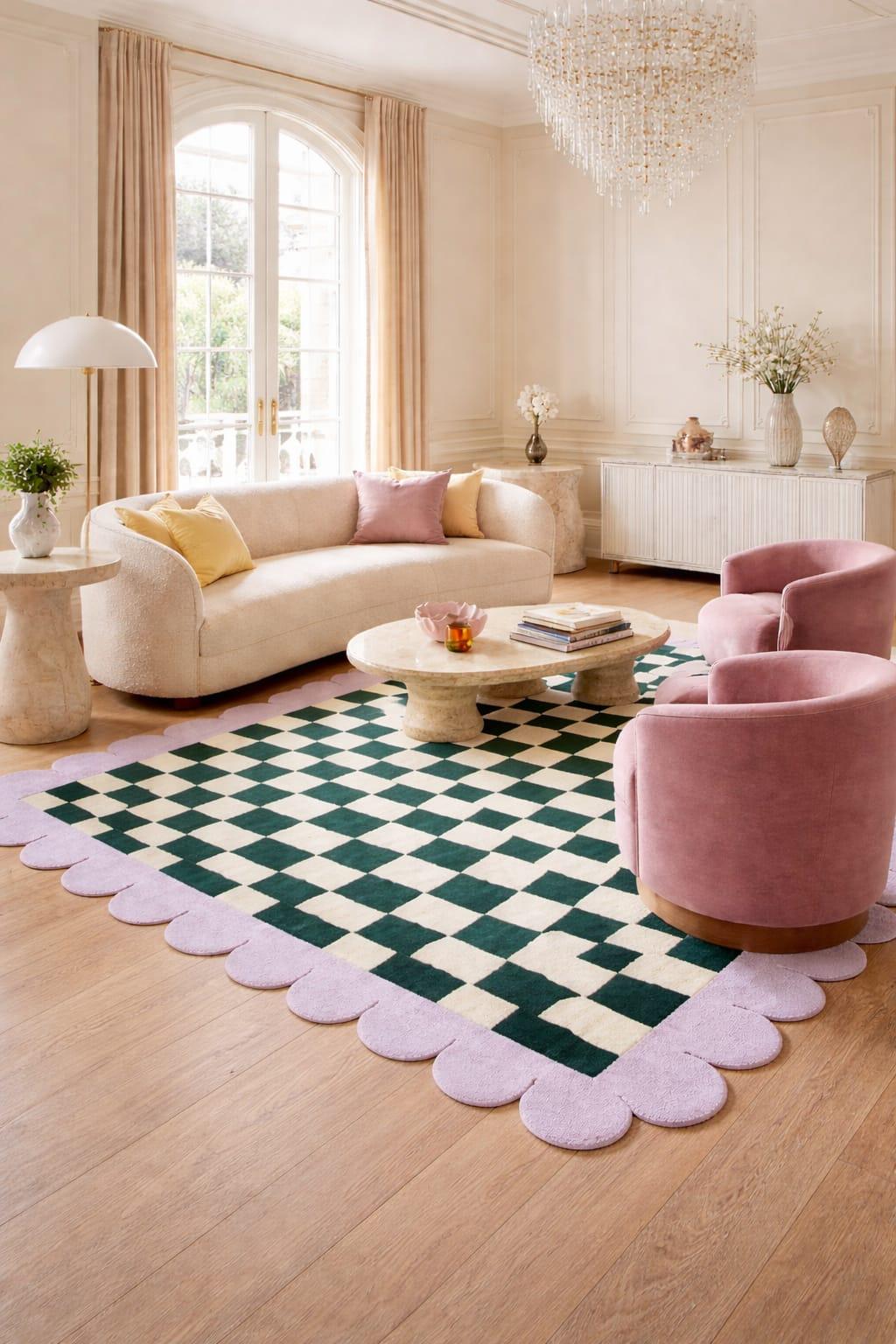 Luxury Green & Pink Scalloped Checkerboard New Zealand Wool Area Rug ...