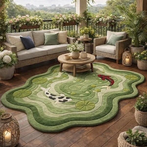 Tapete tufado com estampa de lago de carpas koi – Tapete artesanal em lã verde da Nova Zelândia, tapete zen japonês com peixes, decoração moderna para casa inspirada na natureza.