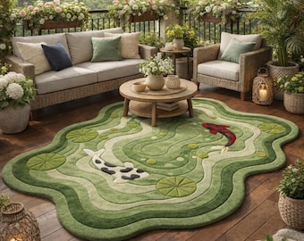 Koi Fish Pond Tufted Rug – Handmade Green New Zealand Wool Area Rug, Japanese Zen Fish Carpet, Nature Inspired Modern Home Decor