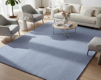 Hand Tufted Solid Blue New Zealand Wool Rug, Minimal Modern Area Rug, Scandinavian Living Room Bedroom Carpet Home Decor 10x14