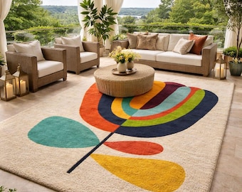 Modern Tufted Abstract Flower Rug – Colorful Mid Century New Zealand Wool Area Rug, Scandinavian Floral Art Carpet,Designer Home Decor 8x10