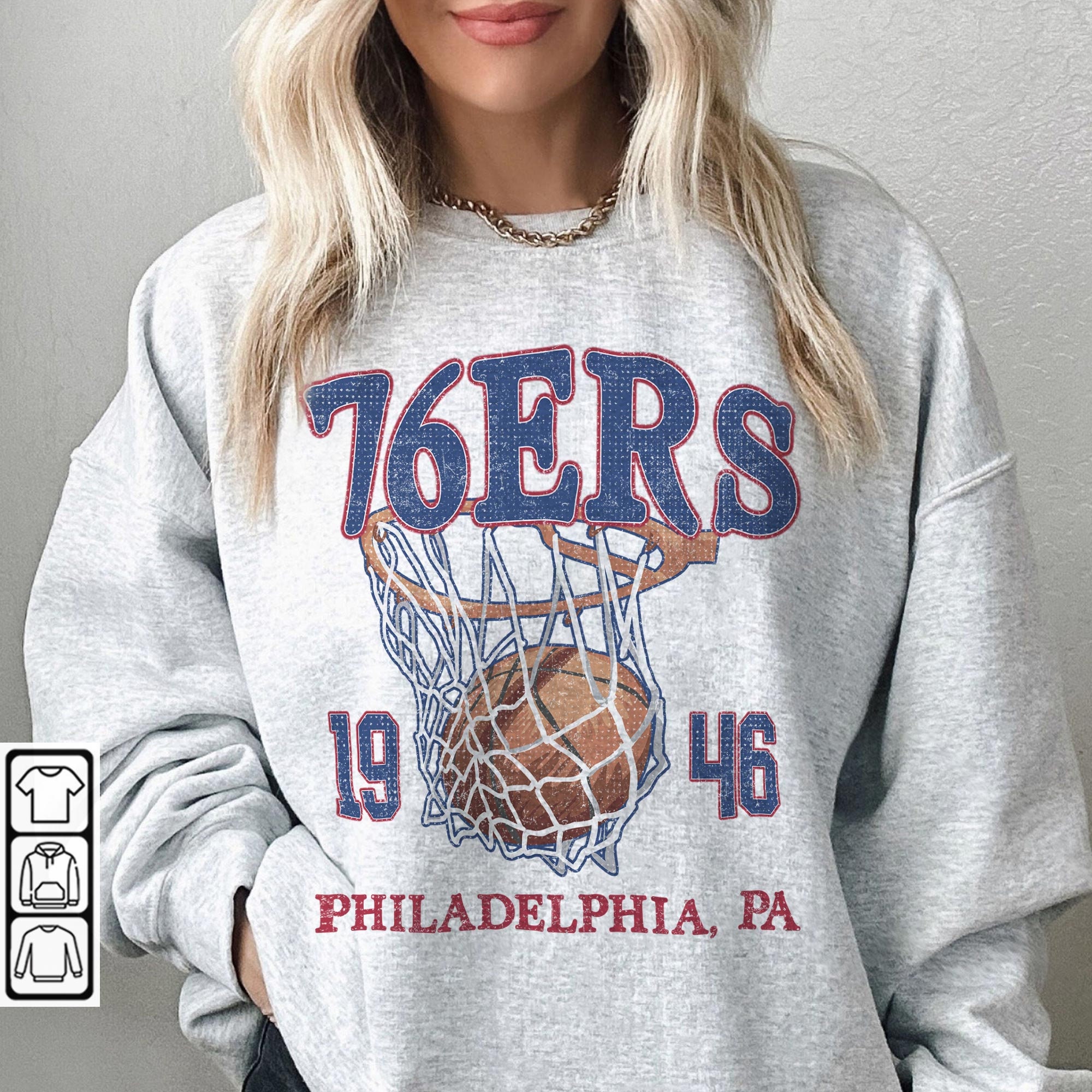 CustomCat Philadelphia 76ers Sixers Vintage NBA Crewneck Sweatshirt Sport Grey / L