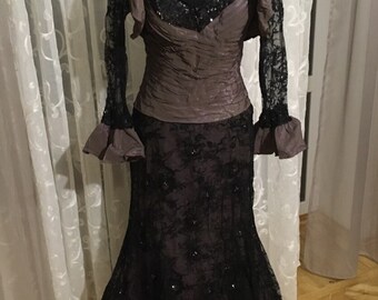 Vintage Designer Ian Stuart Dress Suit / Luxury Midi Evening Dress with Bolero Jacket / Chocolate Brown and Black Medium Woman Dress Suit