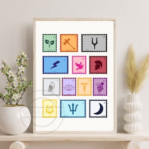 Percy Jackson & the Olympians Poster | Cabins of the Gods | The Lightning Thief | Rick Riordan | Greek Mythology Stamps