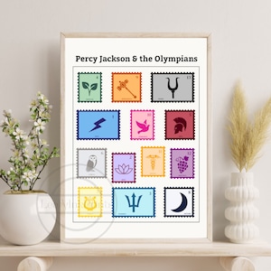 Percy Jackson & the Olympians Poster | Cabins of the Gods | The Lightning Thief | Rick Riordan | Greek Mythology Stamps