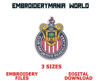 Chivas Logo Embroidery Designs, Guadalajara Embroidery Files, Futbol Embroidery Patterns, 3 Sizes Machine Embroidery Files