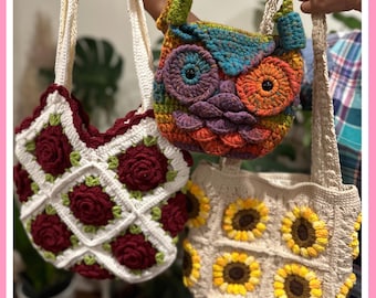 May include: Three crocheted bags with different designs. One bag features a colorful owl design, another has a floral pattern with red roses, and the third has a sunflower pattern.