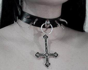 Faux leather Spike and studs choker Upside-down cross Antichrist necklace features inverted cross.