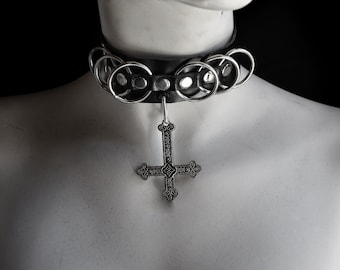 Choker O-ring Lucifer sigil vegan leather choker Satanic inverted cross Sigil Of Leviathan Antichrist crucifix Stainless steel