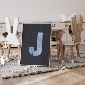 letter J denim blue jeans poster, western nursery printable wall art, cowboy cowgirl theme, country style, monogram J print, Choose Initial
