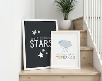 when it rains look for rainbows, when it&#39;s dark look for stars, nursery baby shower gift, kids playroom décor, printable wall art quotes