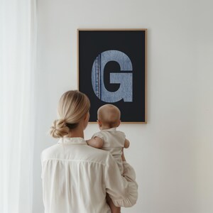 letter G denim blue jeans poster, western nursery printable wall art, cowboy cowgirl theme, country style, monogram G print, Choose Initial