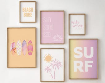 surfgalerij kunst aan de muur, set van 6 prints, decor surfkwekerij, surfprints voor meisjes, surfer girl room, beach babe, make waves, sun sand sea