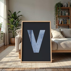 letter V poster, initial wall art for the living room, surname family name print, new home gift or wedding gift idea, denim décor digital