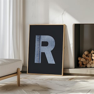 letter R printable wall art, guys dorm room initial print - R monogram poster - mancave décor, denim blue jeans, digital last minute gift
