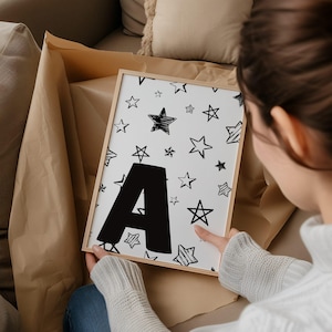 letter A print, single letter black and white A poster, alphabet wall art for the nursery, baby initial print, stars theme for kids, digital
