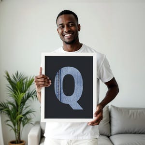 letter Q printable wall art, guys dorm room initial print - Q monogram poster - mancave décor, denim blue jeans, digital last minute gift