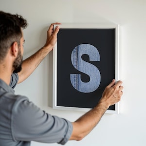 letter S printable wall art, guys dorm room initial print - S monogram poster - mancave décor, denim blue jeans, digital last minute gift