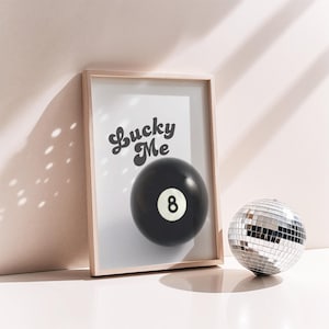 lucky me eight ball trendy dorm decor, bar cart wall art, black and white pool table 8 print, housewarming gift, retro game room poster art