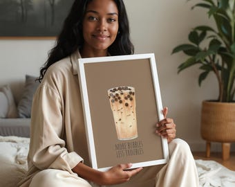 Arte mural imprimible de té de burbujas, póster de té de boba, más burbujas, menos problemas, regalo de inauguración de la casa, arte de cocina, té con leche, descarga de decoración de dormitorio
