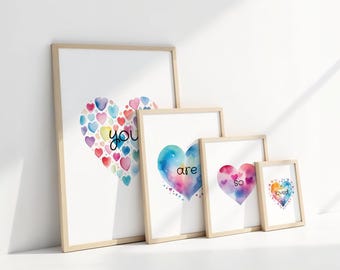 You Are So Loved Prints, Rainbow Heart Watercolor Art (Digital Download)