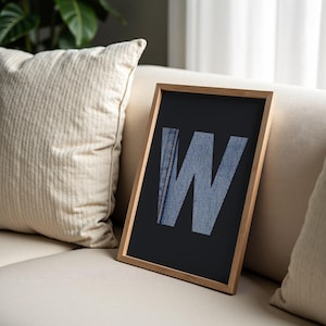 letter W poster, initial wall art for the living room, surname family name print, new home gift or wedding gift idea, denim décor digital