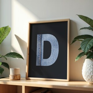 letter D print, family name initial wall décor, denim blue jeans, western nursery wall art, engagement wedding gift, single D poster digital