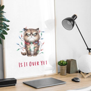 grumpy cat Christmas printable wall art, bah humbug, funny office print, is it over yet, cat tangled in Christmas lights, college dorm decor