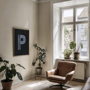 letter P printable wall art, guys dorm room initial print - P monogram poster - mancave décor, denim blue jeans, digital last minute gift
