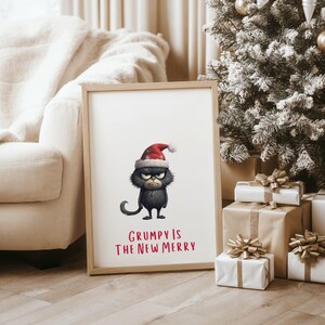 grumpy black cat, bah humbug, funny gag Christmas gift, office printable wall art, is the new merry, Christmas dorm poster, digital download