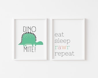 dinosaur wall art baby boy nursery, eat sleep RAWR repeat dinomite set of 2 prints, boys room ideas, printable playroom décor, new baby gift