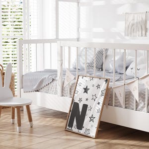 letter N print, kids personalized initial monogram, boy nursery name sign, baby shower gift, alphabet wall décor, stars theme digital poster