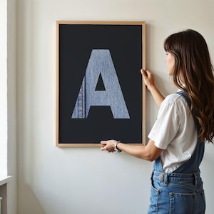 letter A print, family name initial wall décor, denim blue jeans, western nursery wall art, engagement wedding gift, single A poster digital