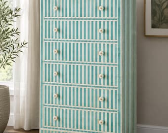 Striped Bone Inlay Tallboy Dresser, Handmade 6-Drawer Chest of Drawers, Bedroom Storage Cabinet