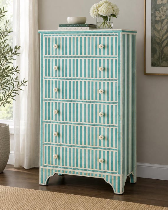 blue and white striped dresser Bone Inlay Tallboy Dresser, Handmade 6-Drawer Chest of Drawers, Bedroom Storage Cabinet Ikea dresser