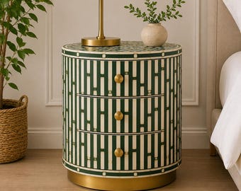 Bone Inlay Cylindrical Nightstand, Handmade Resin Bedside Cabinet, Brass Base Drum Accent Furniture