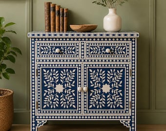 Handmade Bone Inlay Cabinet, Moroccan Storage Sideboard, Floral Accent Furniture, Entryway Console