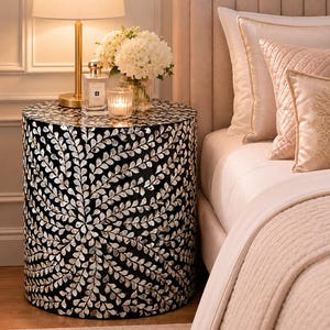 Handmade Mother of Pearl Inlay Round Side Table, Floral Accent Nightstand, Boho Furniture