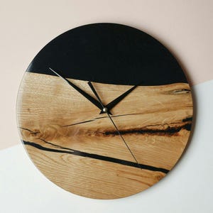 Black Epoxy Resin Olive Wood Clock: Handmade Rustic Modern Decor