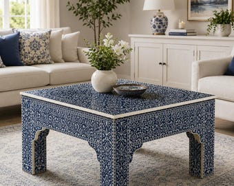 Blue Bone Inlay Coffee Table, Moroccan Square Centerpiece, Handmade Living Room Furniture, Resin Decor