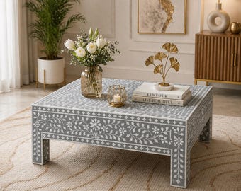 Knochen Inlay Couchtisch Quadrat Floral Handgemacht Boho Wohnzimmer Center Möbel