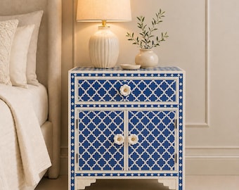 Bone Inlay Nightstand, Quatrefoil Resin Bedside Cabinet, Handmade Storage End Table Decor
