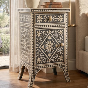 Handcrafted Bone Inlay Nightstand | Floral Resin Side Table, Moroccan Accent Furniture