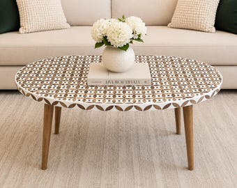 Walnut Wood Inlay Coffee Table, Handmade Oval Resin Center Table, Modern Living Room Furniture