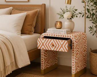 Mesita de noche con incrustaciones de hueso y resina, mesa auxiliar geométrica, muebles de lujo para el dormitorio.