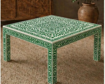 Mesa de centro artesanal con incrustaciones de hueso, muebles decorativos florales de estilo bohemio marroquí.