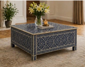 Tavolino da caffè con intarsi in osso blu e bianco, tavolino centrale marocchino fatto a mano, arredamento di lusso per il soggiorno.