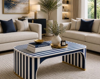 Tavolino da caffè con intarsi in osso bianco e blu, mobile d'arredo in resina a righe, decorazione di lusso per il soggiorno.