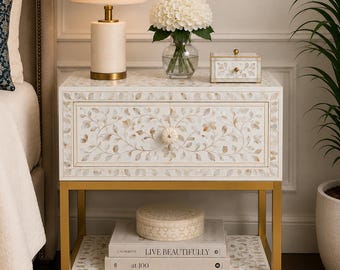 Moroccan Mother of Pearl Inlay Bedside Cabinet, Handcrafted Nightstand, Floral Accent End Table Drawer