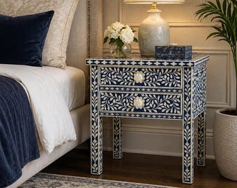 Mesita de noche con incrustaciones de hueso azul, mesita auxiliar floral, mueble de madera hecho a mano, decoración bohemia
